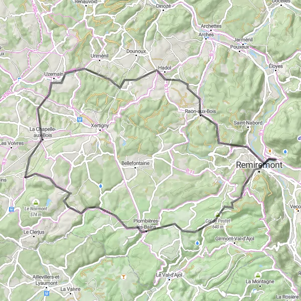 Map miniature of "Remiremont and Beyond" cycling inspiration in Lorraine, France. Generated by Tarmacs.app cycling route planner