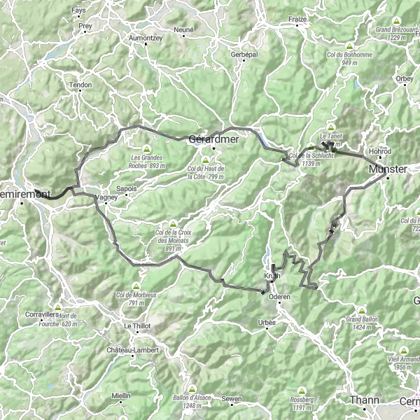 Map miniature of "Mountain Cycling Paradise" cycling inspiration in Lorraine, France. Generated by Tarmacs.app cycling route planner