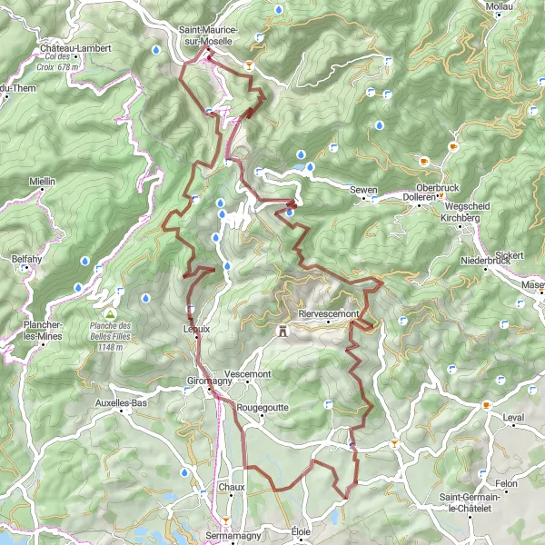 Miniature de la carte de l'inspiration cycliste "Circuit gravel des Vosges" dans la Lorraine, France. Générée par le planificateur d'itinéraire cycliste Tarmacs.app