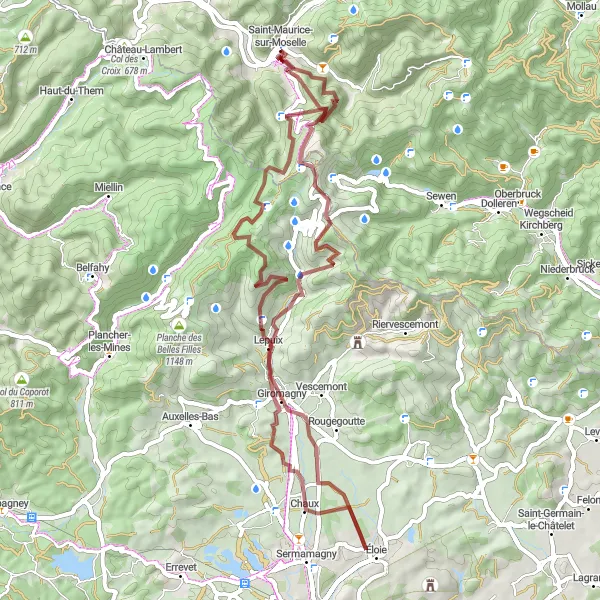 Miniature de la carte de l'inspiration cycliste "Parcours gravel autour des Vosges" dans la Lorraine, France. Générée par le planificateur d'itinéraire cycliste Tarmacs.app