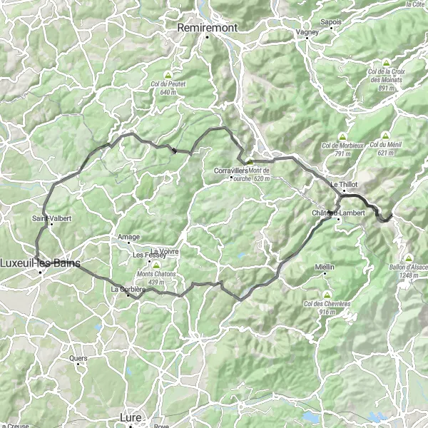 Miniature de la carte de l'inspiration cycliste "Boucle cycliste panoramique dans les Vosges" dans la Lorraine, France. Générée par le planificateur d'itinéraire cycliste Tarmacs.app