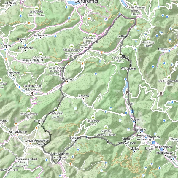 Miniature de la carte de l'inspiration cycliste "Circuit des Vosges en vélo de route" dans la Lorraine, France. Générée par le planificateur d'itinéraire cycliste Tarmacs.app