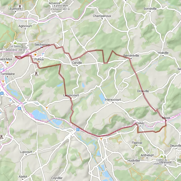 Map miniature of "Gravel Delight near Saint-Max" cycling inspiration in Lorraine, France. Generated by Tarmacs.app cycling route planner