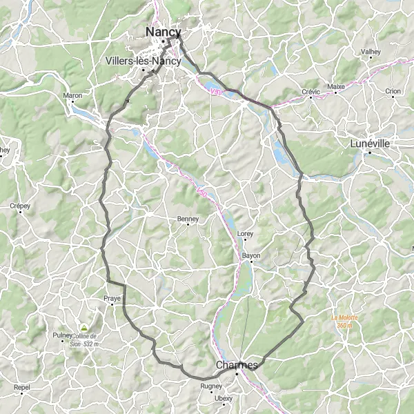 Map miniature of "The Ultimate Road Challenge: Exploring Lorraine's Hidden Castles" cycling inspiration in Lorraine, France. Generated by Tarmacs.app cycling route planner