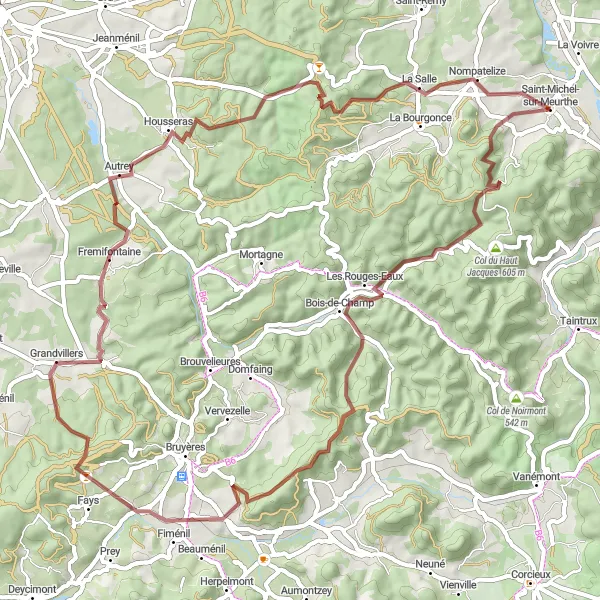 Miniature de la carte de l'inspiration cycliste "Challenging Gravel Circuit" dans la Lorraine, France. Générée par le planificateur d'itinéraire cycliste Tarmacs.app