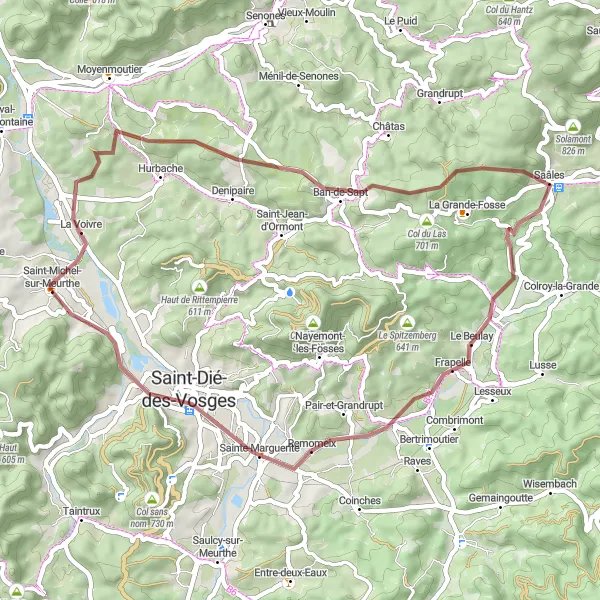 Miniature de la carte de l'inspiration cycliste "Parcours de Gravel à travers les Roches du Bihay" dans la Lorraine, France. Générée par le planificateur d'itinéraire cycliste Tarmacs.app
