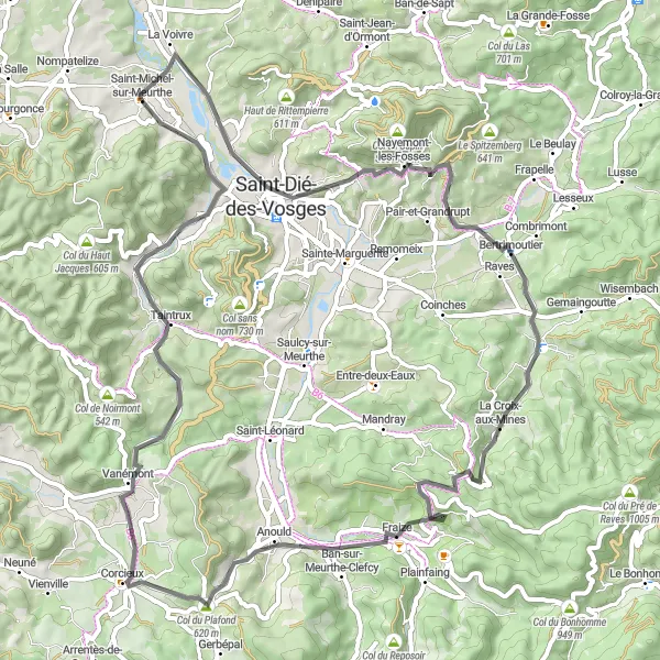 Map miniature of "Road Cycling Adventure in the Vosges" cycling inspiration in Lorraine, France. Generated by Tarmacs.app cycling route planner