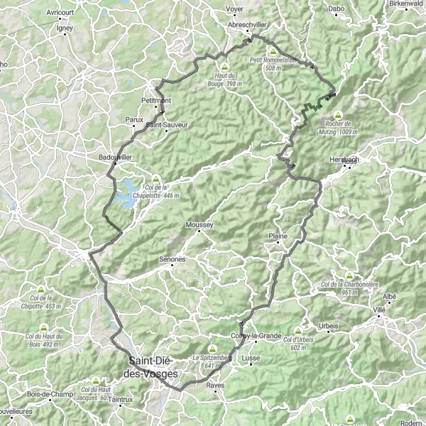 Miniature de la carte de l'inspiration cycliste "Grand Tour of Lorraine" dans la Lorraine, France. Générée par le planificateur d'itinéraire cycliste Tarmacs.app