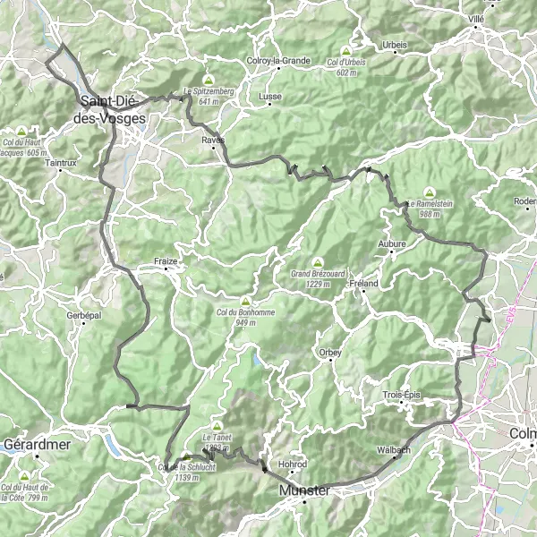 Miniature de la carte de l'inspiration cycliste "Défi Cycliste à travers les Montagnes Vosgiennes" dans la Lorraine, France. Générée par le planificateur d'itinéraire cycliste Tarmacs.app