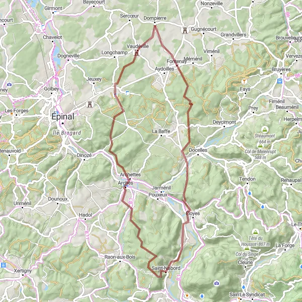 Map miniature of "Gravel Expedition to Archettes and Dompierre" cycling inspiration in Lorraine, France. Generated by Tarmacs.app cycling route planner