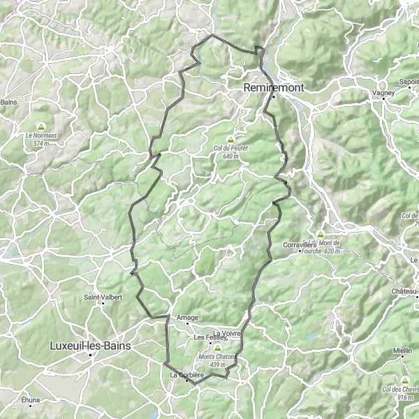 Miniature de la carte de l'inspiration cycliste "Boucle de Remiremont & Plombières-les-Bains" dans la Lorraine, France. Générée par le planificateur d'itinéraire cycliste Tarmacs.app