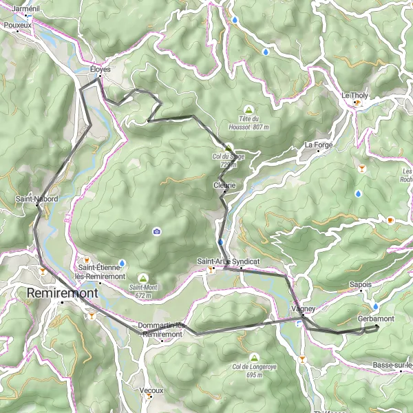 Map miniature of "Road Cycling Serenity in Cleurie and Dommartin-lès-Remiremont" cycling inspiration in Lorraine, France. Generated by Tarmacs.app cycling route planner