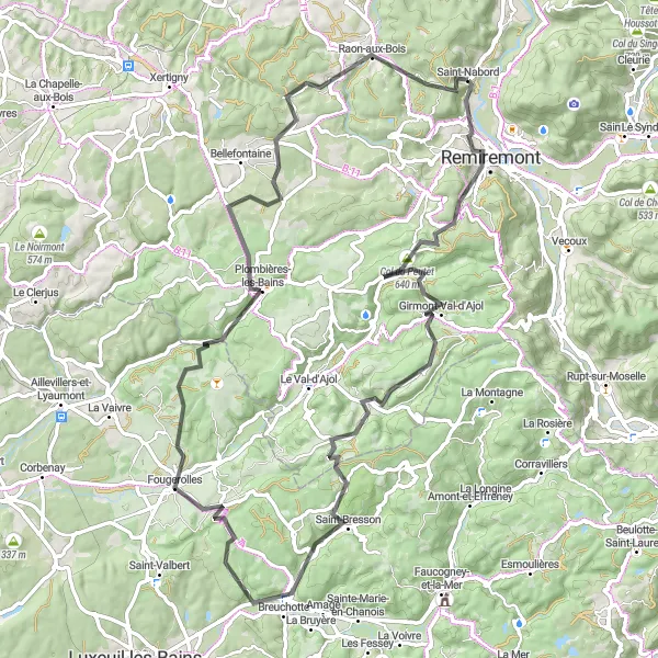 Map miniature of "The Vosges Thrill" cycling inspiration in Lorraine, France. Generated by Tarmacs.app cycling route planner