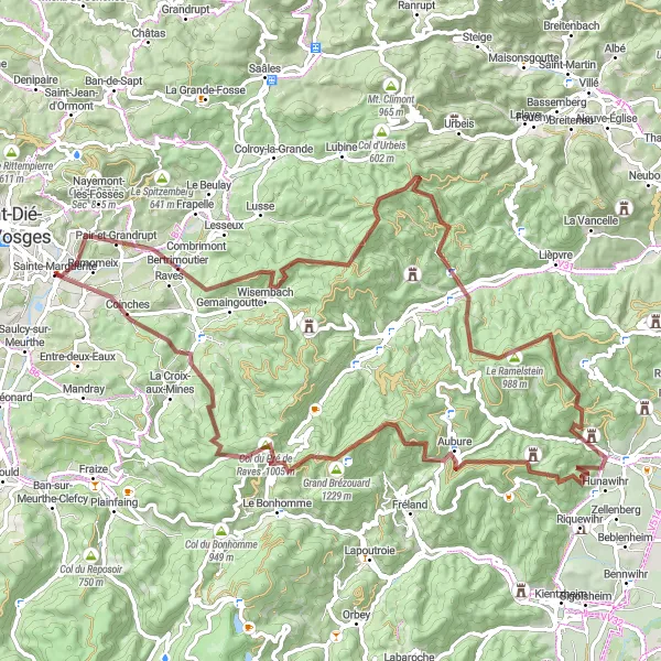 Miniature de la carte de l'inspiration cycliste "Le Défi des Vosges Sauvages" dans la Lorraine, France. Générée par le planificateur d'itinéraire cycliste Tarmacs.app