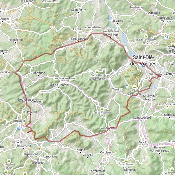 Miniature de la carte de l'inspiration cycliste "Aventure Gravel dans les Vosges" dans la Lorraine, France. Générée par le planificateur d'itinéraire cycliste Tarmacs.app