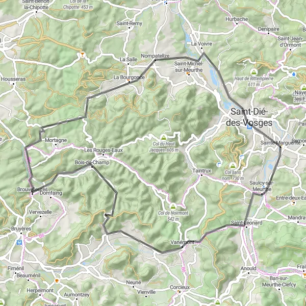 Miniature de la carte de l'inspiration cycliste "Les vallées des Vosges" dans la Lorraine, France. Générée par le planificateur d'itinéraire cycliste Tarmacs.app