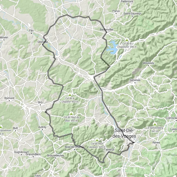 Miniature de la carte de l'inspiration cycliste "Les collines des Vosges" dans la Lorraine, France. Générée par le planificateur d'itinéraire cycliste Tarmacs.app
