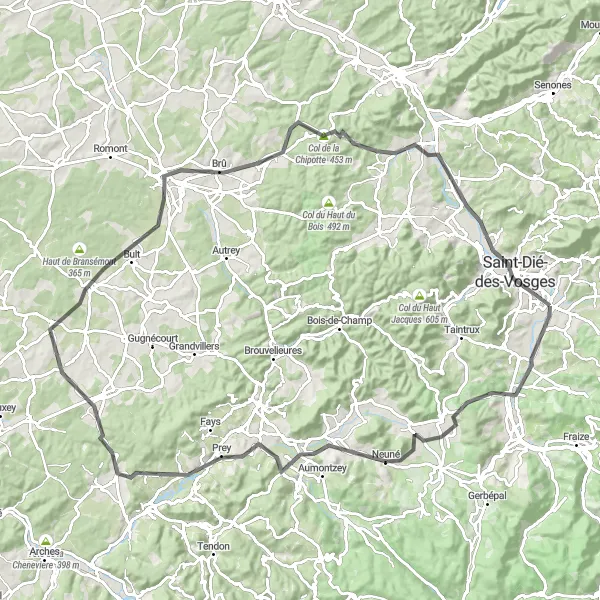 Miniature de la carte de l'inspiration cycliste "Les collines de Lorraine" dans la Lorraine, France. Générée par le planificateur d'itinéraire cycliste Tarmacs.app