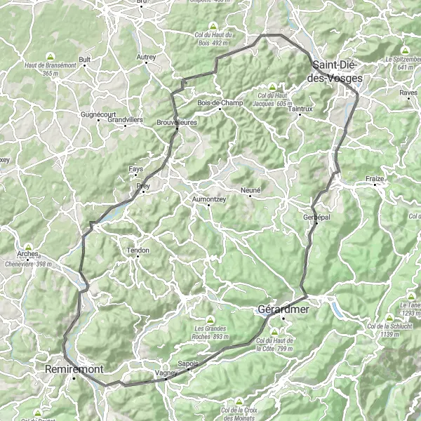 Miniature de la carte de l'inspiration cycliste "Les Montagnes des Vosges" dans la Lorraine, France. Générée par le planificateur d'itinéraire cycliste Tarmacs.app