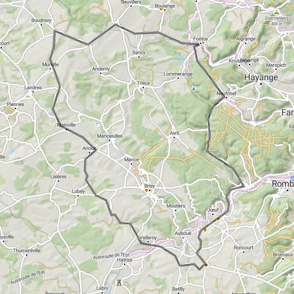 Miniature de la carte de l'inspiration cycliste "Boucle autour de Sainte-Marie-aux-Chênes" dans la Lorraine, France. Générée par le planificateur d'itinéraire cycliste Tarmacs.app