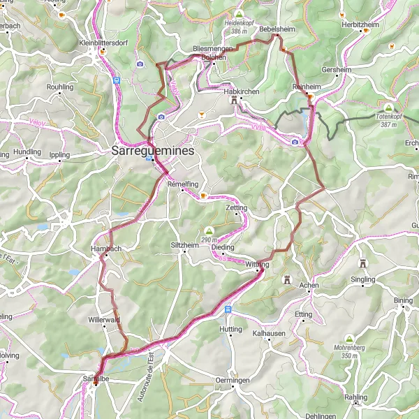 Map miniature of "Bliesgau Discovery" cycling inspiration in Lorraine, France. Generated by Tarmacs.app cycling route planner