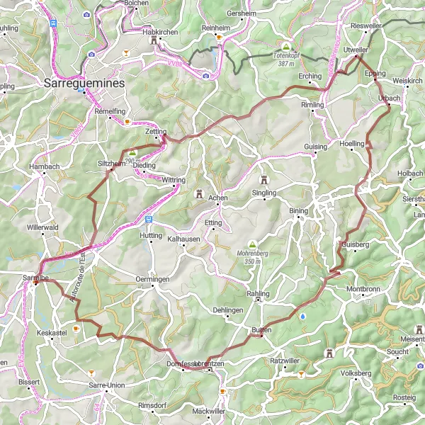 Map miniature of "Erching Adventure" cycling inspiration in Lorraine, France. Generated by Tarmacs.app cycling route planner