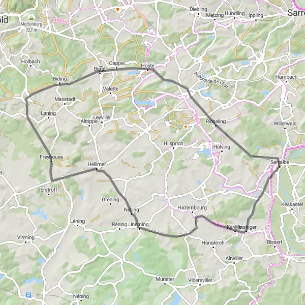 Map miniature of "Hazembourg Explorer" cycling inspiration in Lorraine, France. Generated by Tarmacs.app cycling route planner