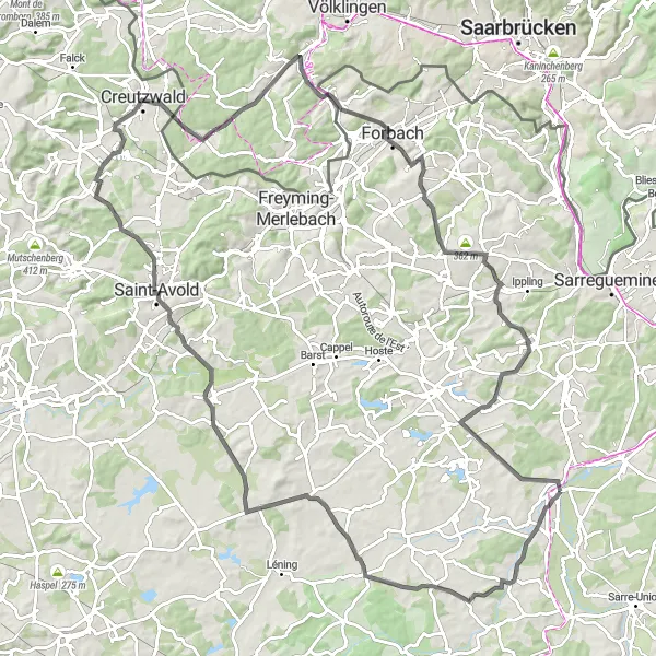 Miniature de la carte de l'inspiration cycliste "Randonnée à travers Hinsingen et Grundviller" dans la Lorraine, France. Générée par le planificateur d'itinéraire cycliste Tarmacs.app