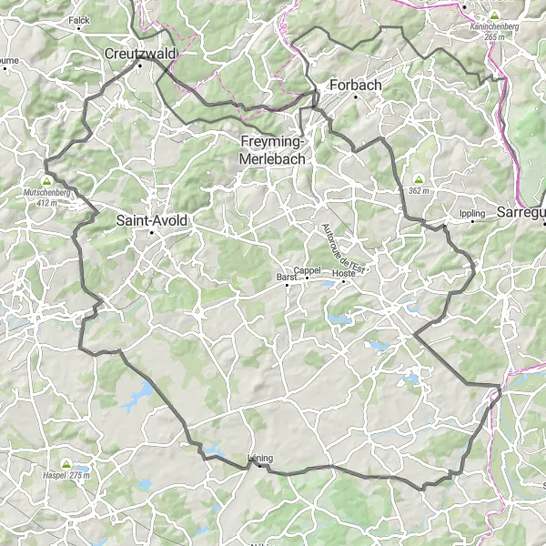 Miniature de la carte de l'inspiration cycliste "Chemin des Pétrins" dans la Lorraine, France. Générée par le planificateur d'itinéraire cycliste Tarmacs.app