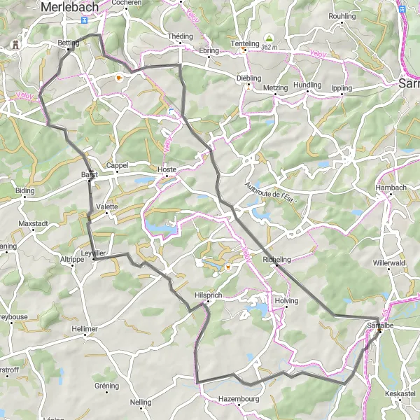 Miniature de la carte de l'inspiration cycliste "Boucle pittoresque de Lorraine" dans la Lorraine, France. Générée par le planificateur d'itinéraire cycliste Tarmacs.app