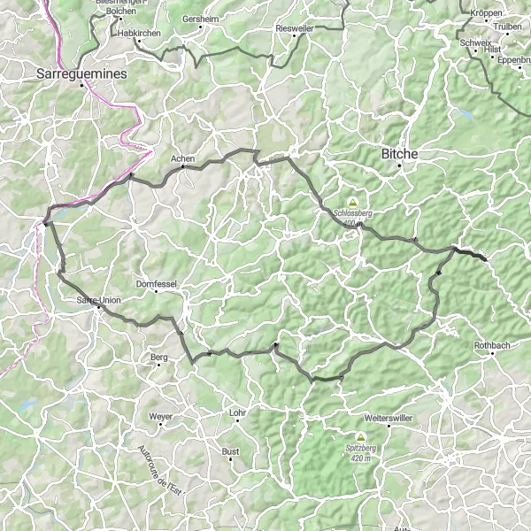 Miniature de la carte de l'inspiration cycliste "Voyage à travers la Forêt des Vosges" dans la Lorraine, France. Générée par le planificateur d'itinéraire cycliste Tarmacs.app