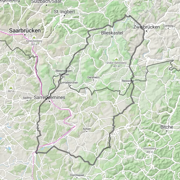 Map miniature of "Sarralbe - Sarreguemines Loop" cycling inspiration in Lorraine, France. Generated by Tarmacs.app cycling route planner