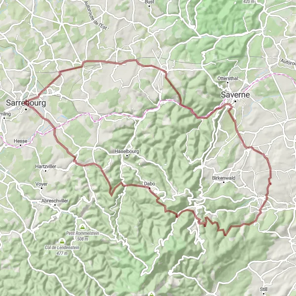 Miniature de la carte de l'inspiration cycliste "Parcours gravier au cœur de la nature" dans la Lorraine, France. Générée par le planificateur d'itinéraire cycliste Tarmacs.app