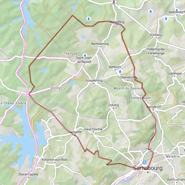 Miniature de la carte de l'inspiration cycliste "Tour de Langatte et Romelfing" dans la Lorraine, France. Générée par le planificateur d'itinéraire cycliste Tarmacs.app