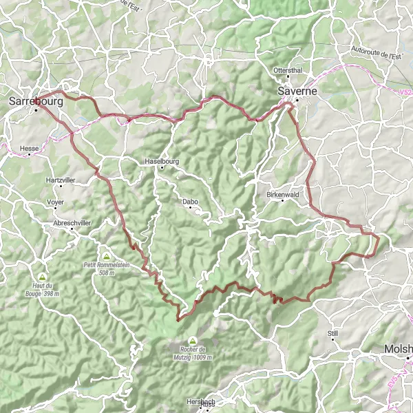 Miniature de la carte de l'inspiration cycliste "Rocher du Corbeau et Col de Westhoffen" dans la Lorraine, France. Générée par le planificateur d'itinéraire cycliste Tarmacs.app
