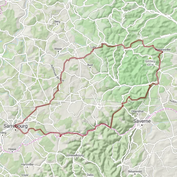 Miniature de la carte de l'inspiration cycliste "Les collines de Lorraine en gravel" dans la Lorraine, France. Générée par le planificateur d'itinéraire cycliste Tarmacs.app