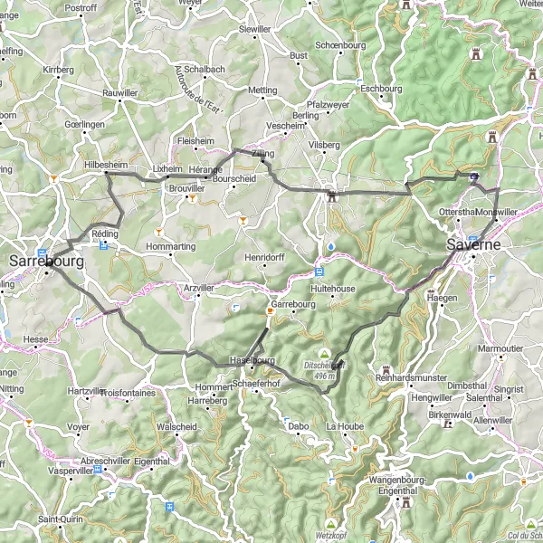 Miniature de la carte de l'inspiration cycliste "Parcours vallonné à travers la campagne" dans la Lorraine, France. Générée par le planificateur d'itinéraire cycliste Tarmacs.app