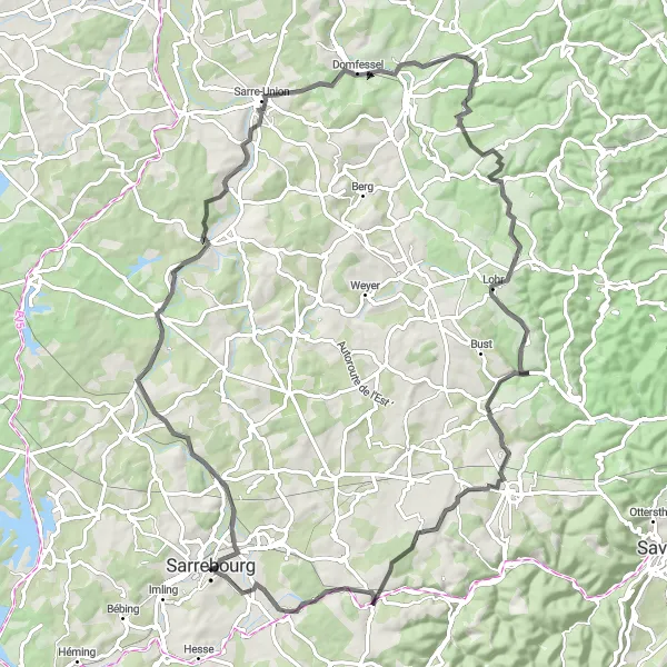 Map miniature of "The Hills and Canals of Lorraine" cycling inspiration in Lorraine, France. Generated by Tarmacs.app cycling route planner