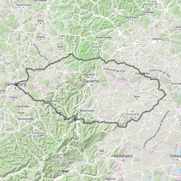 Miniature de la carte de l'inspiration cycliste "La grande boucle des châteaux et panoramas" dans la Lorraine, France. Générée par le planificateur d'itinéraire cycliste Tarmacs.app