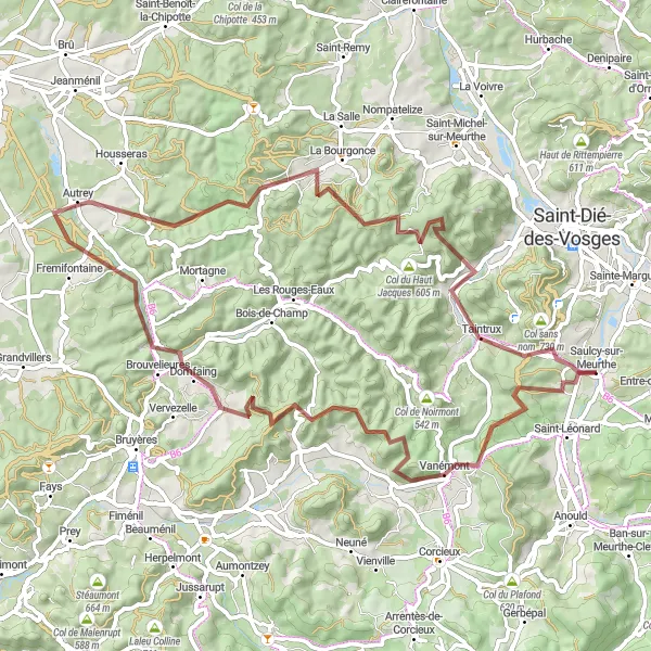 Miniature de la carte de l'inspiration cycliste "Circuit de Gravel La Houssière" dans la Lorraine, France. Générée par le planificateur d'itinéraire cycliste Tarmacs.app