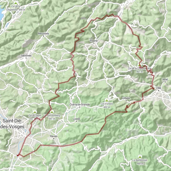 Miniature de la carte de l'inspiration cycliste "Boucle des Collines des Vosges" dans la Lorraine, France. Générée par le planificateur d'itinéraire cycliste Tarmacs.app