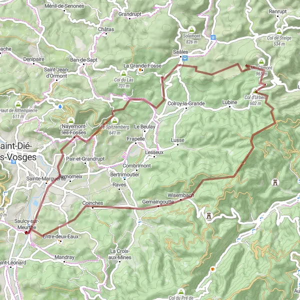Miniature de la carte de l'inspiration cycliste "Traversée des Montagnes des Vosges" dans la Lorraine, France. Générée par le planificateur d'itinéraire cycliste Tarmacs.app