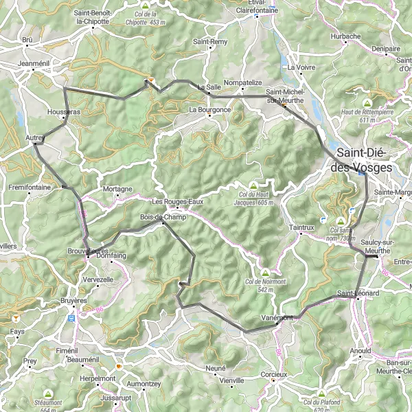 Miniature de la carte de l'inspiration cycliste "Les Collines des Vosges" dans la Lorraine, France. Générée par le planificateur d'itinéraire cycliste Tarmacs.app