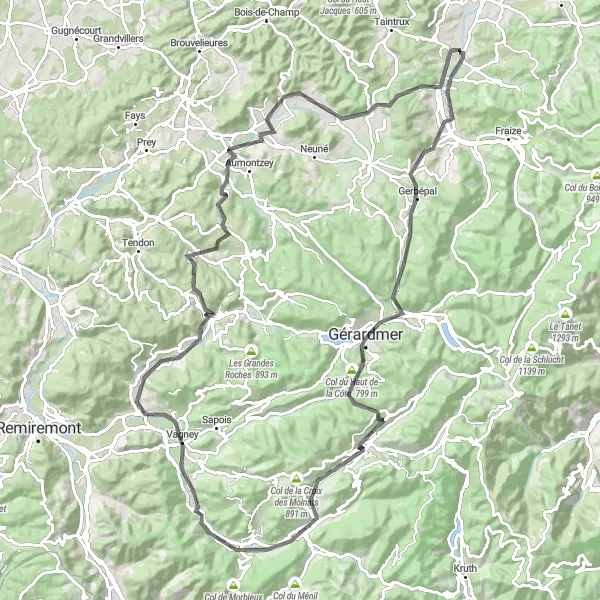 Miniature de la carte de l'inspiration cycliste "Défis des Vosges" dans la Lorraine, France. Générée par le planificateur d'itinéraire cycliste Tarmacs.app