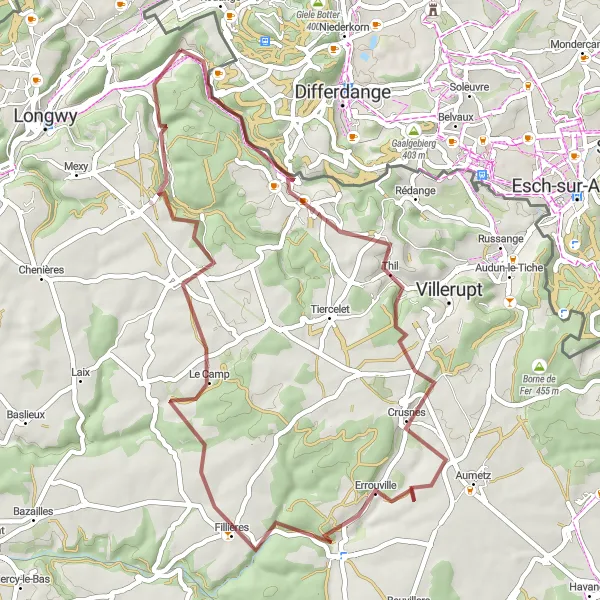 Map miniature of "Hussigny-Godbrange Gravel Loop" cycling inspiration in Lorraine, France. Generated by Tarmacs.app cycling route planner