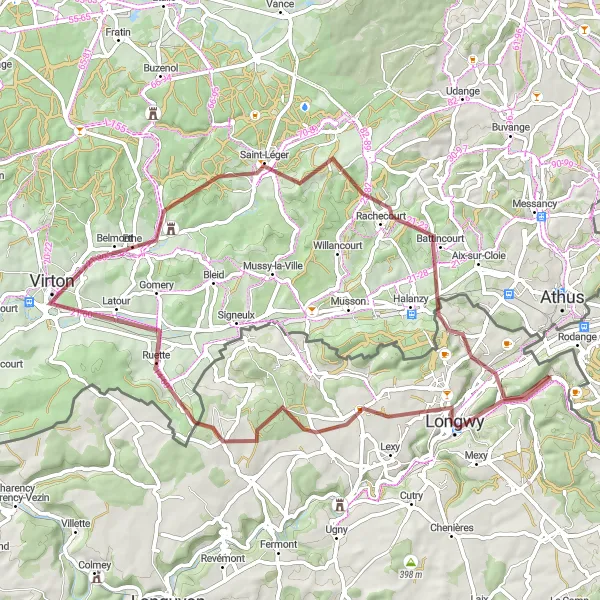 Miniature de la carte de l'inspiration cycliste "Aventure nature autour de Saulnes" dans la Lorraine, France. Générée par le planificateur d'itinéraire cycliste Tarmacs.app