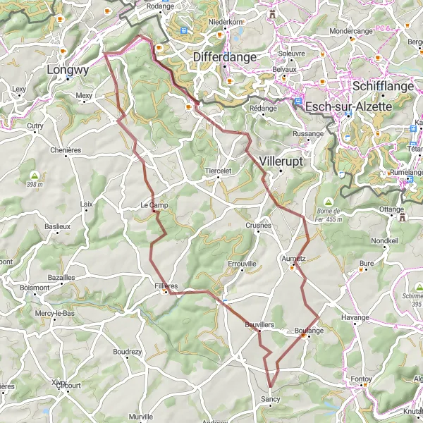 Miniature de la carte de l'inspiration cycliste "Saulnes - Villers-la-Montagne" dans la Lorraine, France. Générée par le planificateur d'itinéraire cycliste Tarmacs.app