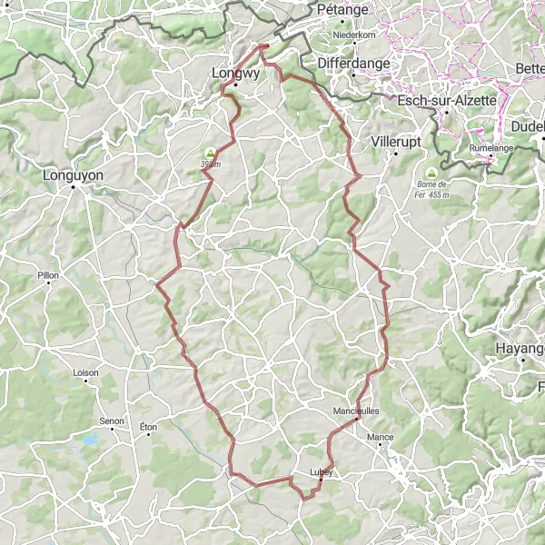 Miniature de la carte de l'inspiration cycliste "La Grande Boucle de Saulnes" dans la Lorraine, France. Générée par le planificateur d'itinéraire cycliste Tarmacs.app