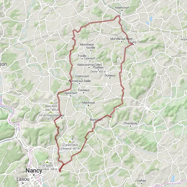 Miniature de la carte de l'inspiration cycliste "Les Collines en Gravel" dans la Lorraine, France. Générée par le planificateur d'itinéraire cycliste Tarmacs.app