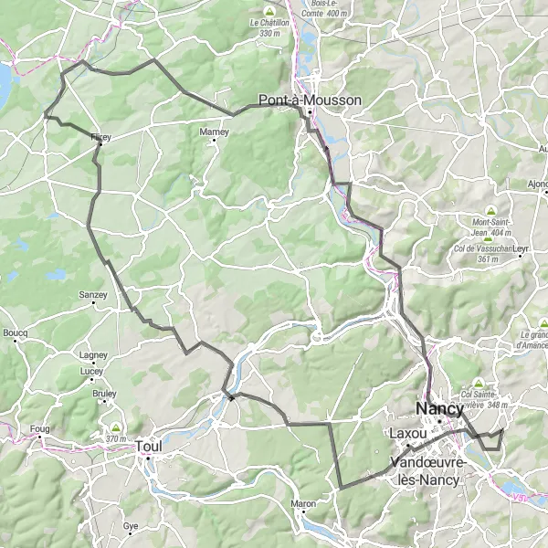 Map miniature of "The Nancy Circular Road Adventure" cycling inspiration in Lorraine, France. Generated by Tarmacs.app cycling route planner